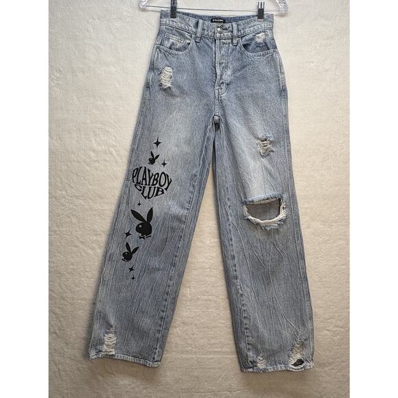 Pac Sun x Playboy Wide Leg Super Distressed Light Wash High Waist Jeans Size 24 - Picture 2 of 16